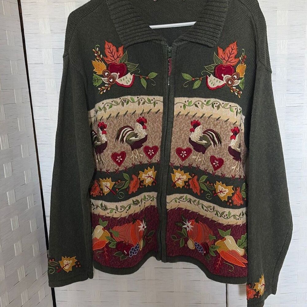 Vintage Tiara International Embroidered Fall Harvest Rooster Cardigan Green M